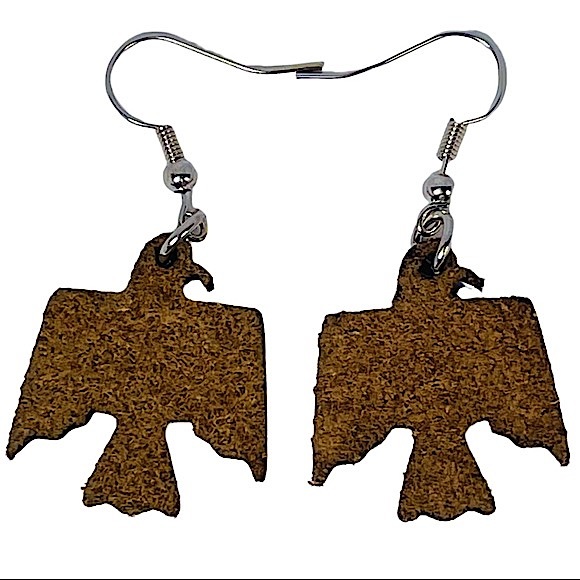 Tribal Aztec style Eagle brown/tan leather embossed dangly earrings NEW - Picture 6 of 7